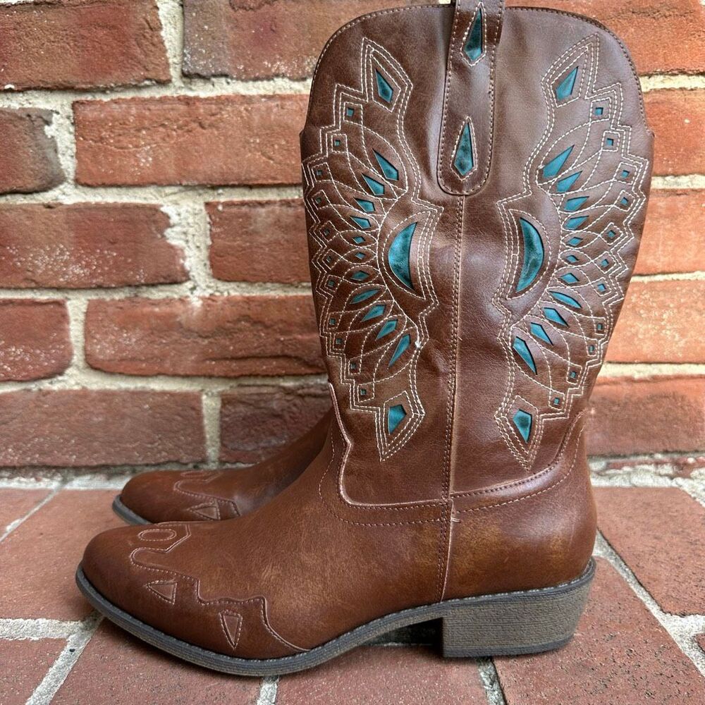 Free People Matisse Willa Western Boots Brown Turquoise Embroidered 7.5 NEW - Picture 9 of 16